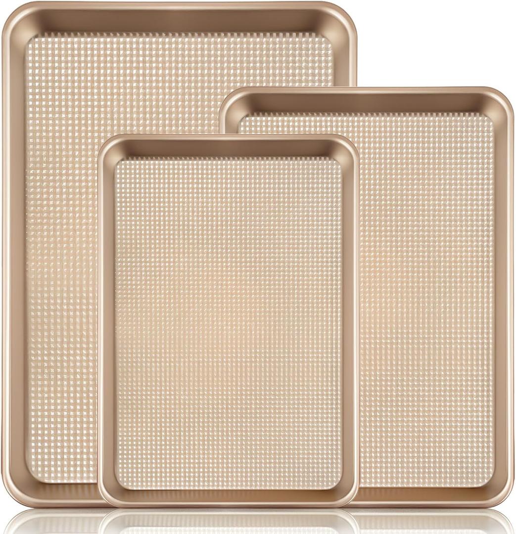 Vinino Baking Sheet Set of 3, Cookie Sheets For Baking with Square Texture Pattern, Thicker Carbon Steel Non-stick Baking Pan Half/Quarter/Jelly Roll Pans Tray for Oven (Gold-3 pack)