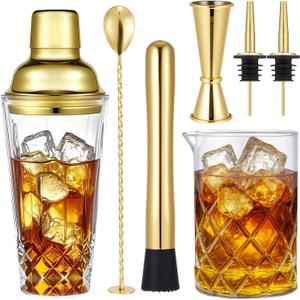 Mifoci 7 Pcs Gold Glass Cocktail Shaker Set Bartender gift set with 14oz Shaker 24oz Cocktail Mixing Glass Measuring Jigger Mixing Spoon Stainless Steel Bottle Pourers for Bartender Professional Bar