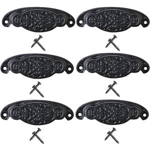 Renovators Supply Manufacturing Cabinet Pulls3 3/4 in. Black Wrought Iron Floral Design Ring Drawer Pulls with Mounting Hardware Pack of 6