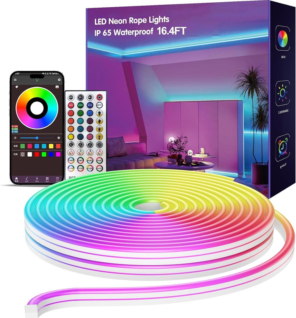 16.4 FT Neon Rope Lights,Bedroom for RGB LED Strip Lights,Outdoor IP65 Waterproof LED Lights, with Remote Control and Application Control, Music synchronous Color Changing Light, DIY Design