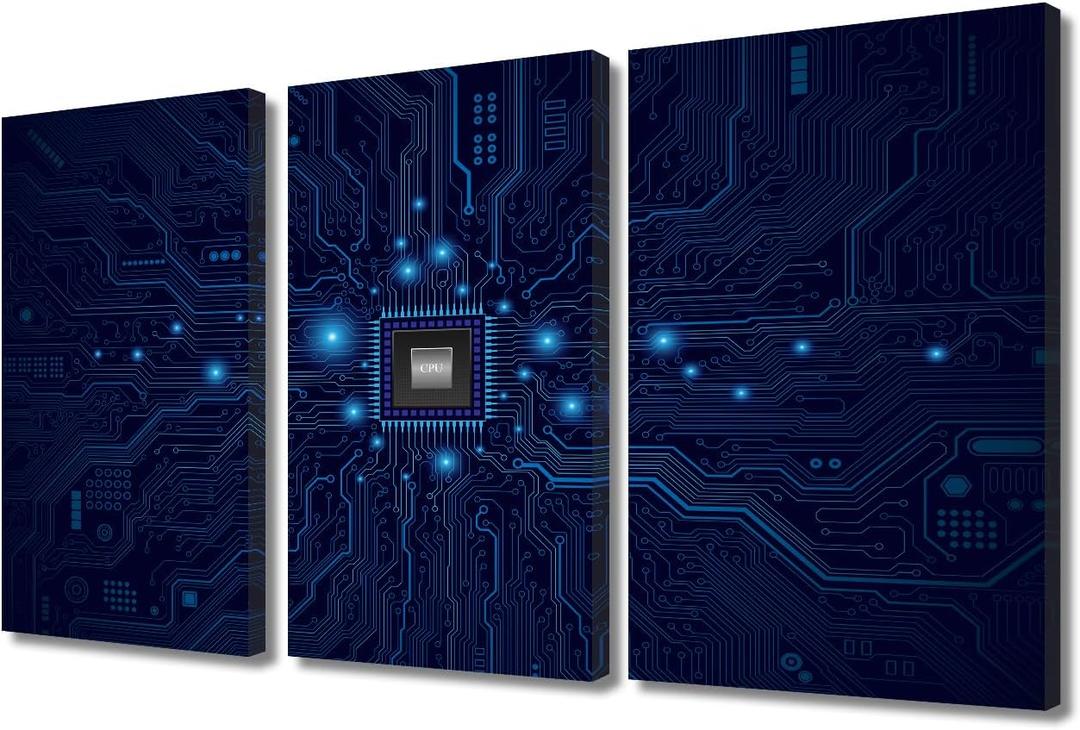 Digital Age Wall Art for Living Room Electronic PC Office Wall Decor 3 Piece Canvas Prints Technology Digital Art Modern Artwork House Decoration for Bedroom Bathroom Framed Ready to Hang (24"Wx36"H)