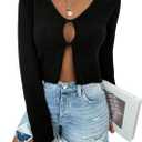 BEAUDRM Women's Y2K Cut Out Sweater V Neck Split Cropped Sweater Open Front Long Sleeve Knitted Pullover Tops Streetwear Black Small