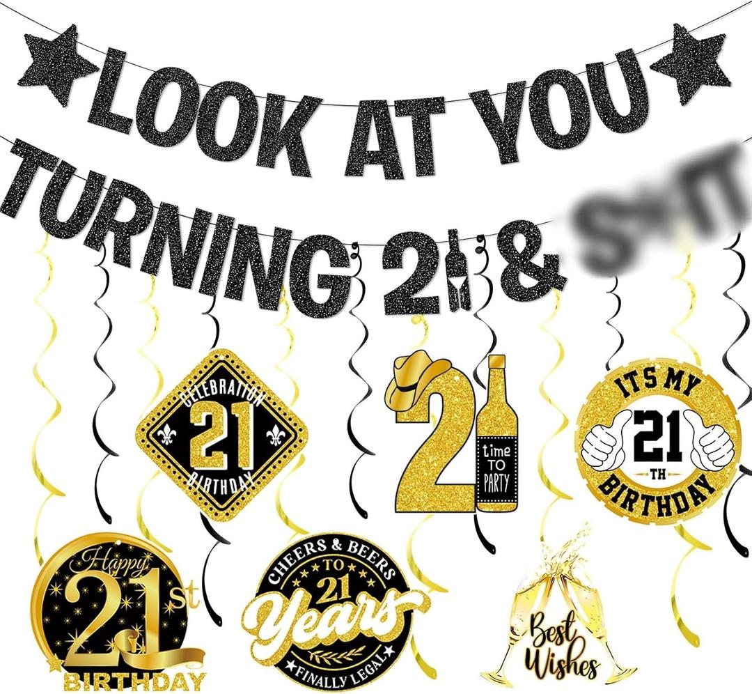 21st Birthday Decorations for Him Glitter Black Happy 21st Birthday Decorations with Funny Look At You Turning 21 Banner Hanging Swirls for 21 Year Old Birth Party