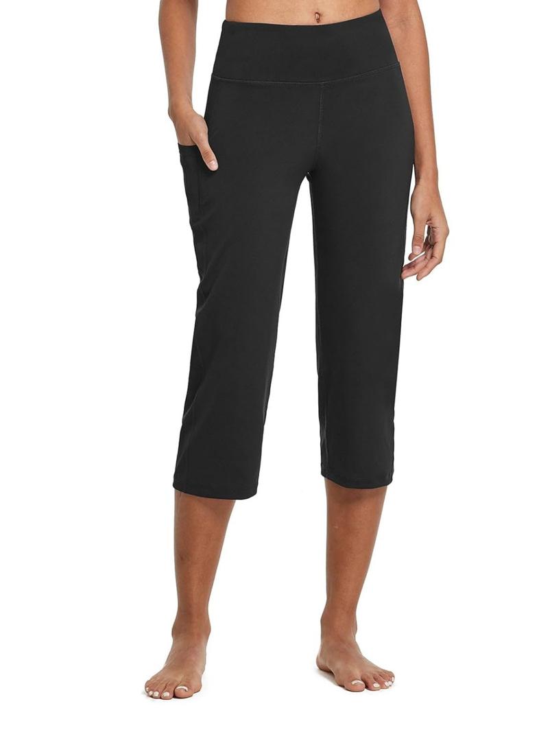 baleaf Womens Yoga Capri Pants High Waist Capri Leggings with Pockets Wide Leg Crop Exercise Workout Summer Pants, L, Black