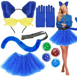 Pete Blue Cat Costume Accessories for Woman with Cat Ears Headband Pin Skirt Furry Tail Gloves for Halloween Book Character Day, One Size