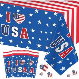 3 Pack 4th of July Tablecloth - I LOVE USA Patriotic Table Cloth, Red White Blue Disposable Plastic American Flag Table Cover for Fourth of July Independence Day Decorations Party Supplies,54x108 Inch