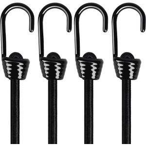 Heavy Duty Bungee Cords 36 inch, 10mm Thick Black Color Cord, 4 Pack with Marine Grade Plastic Coated Hooks for Tarp, Camping, and General Use