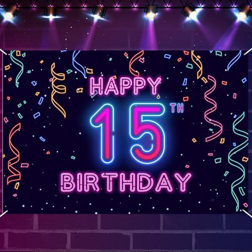 15th Neon Birthday Banner Backdrop, 15 Years Birthday Party Banner Let Glow Party Disco Dance Neon Theme Backdrop, Colorful Night Decorations for Girls Boys Women Men Photo Props Supplies Glitter