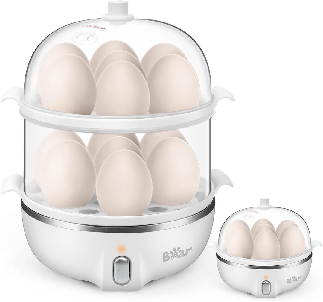 Bear Egg Cooker,14 Egg Capacity Hard Boiled Egg Cooker, Rapid Electric Egg Boiler Maker & Poacher for Hard Boiled Scrambled Omelets Poached Eggs Steamed Vegetables Dumplings with Egg Piercer (White)