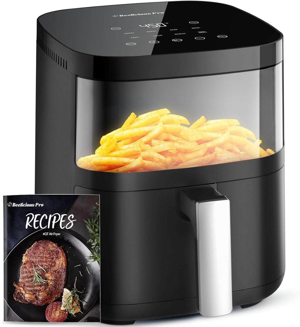 Air Fryer, Beelicious 8-in-1 Smart Compact 4QT Air Fryers, with Viewing Window, 450F Digital Airfryer with Flavor-Lock Tech, Dishwasher-Safe & Nonstick, Fit for 1-3 People, Black