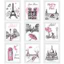 Spakon 9 Pieces Paris Bathroom Decor Paris Theme Wall Art Room Decor Romantic Pink Eiffel Tower Wall Art Bedroom Pictures