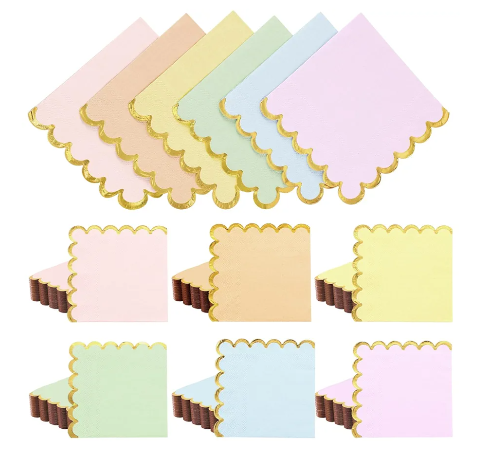 Layhit 150 Pack Pastel Napkins Scalloped Tea Party Napkins with Gold Foil Disposable Ice Cream Party Supplies for Dinner Birthday Wedding Cocktail Beverage Festival(Rainbow Color)