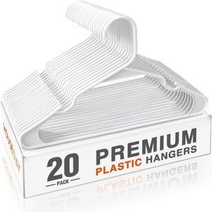 HOUSE DAY Plastic Hangers 20 Pack - White Clothes Hangers with Non-Slip Shoulder Grooves, Durable and Sturdy T-Shirt, Dress, Coat Hanger, Space Saving Design Perfect for Closet Organizers and Storage