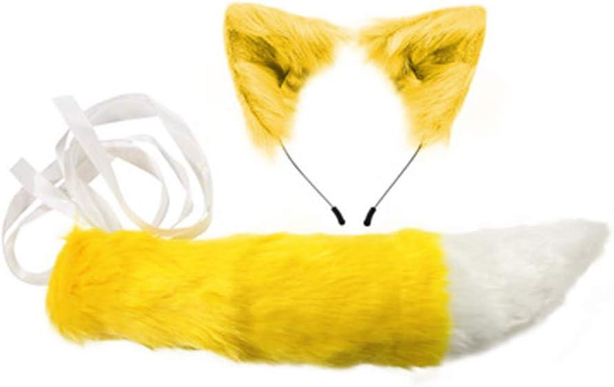 Handmade Fox Wolf Ears Headband and Faux Fur Tail for Halloween Cosplay Party Costume Accessories (Yellow)
