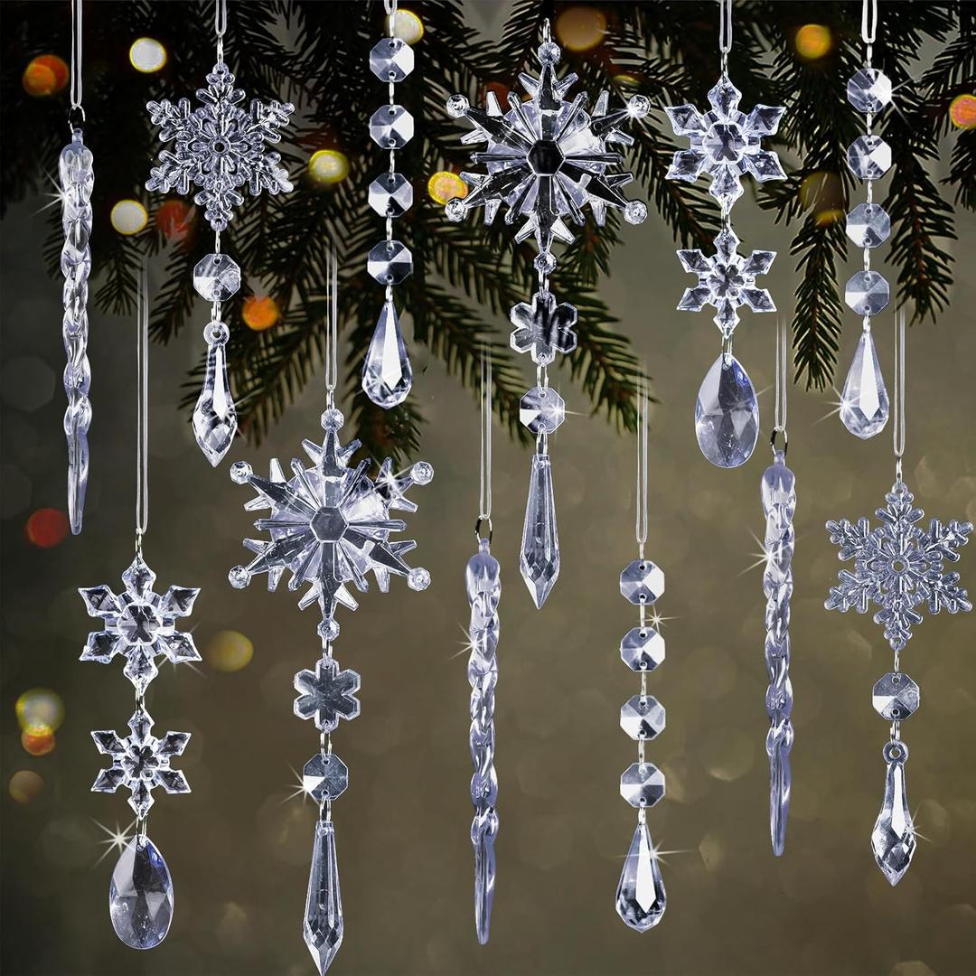 18pcs Crystal Christmas Ornaments for Christmas Tree Decorations-Royal Blue Hanging Acrylic Snowflake and Icicle Ornaments with Drop Pendants for New Year Party Decorations Supplies