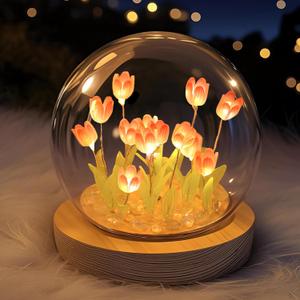 Birthday Mother's Day Gifts for Mom Birthday Tulip Night Light LED Decoration Lamp Glass Artificial Flower Bedroom Table Lamp, Lady Girlfriend Wife Sister Girl Pink Tulips Artificial Flowers real touc
