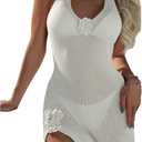 RoseSeek Women's 3D Floral Halter Knit Beach Dresses V Neck Sleeveless Bodycon Bathing Suit Cover Up (Large, Apricot)