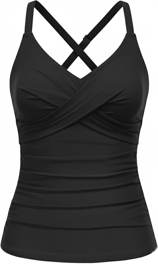 Women Tankini Bathing Suit Top - Twist Front V Neck Swim Top Only Cross Tummy Control Swimsuit 2025 (Medium, Black)