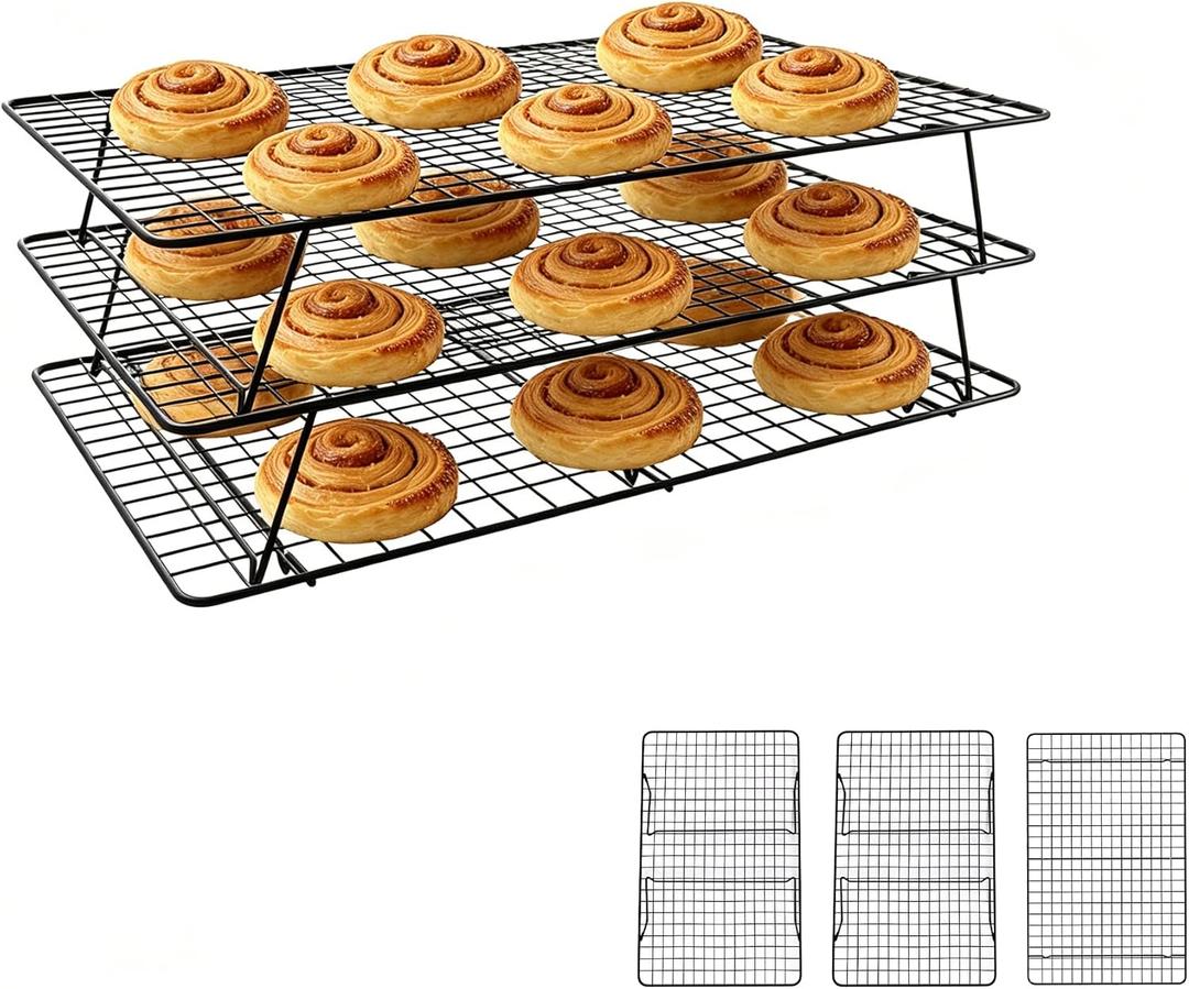 Cooling Rack, 3 Tier Stackable Cooling Racks for Cooking Baking Roasting, Multi-Level Collapsible Cookie Rack for Cakes, Oven Safe & Easy Clean (Black, 3-Tier-SL)