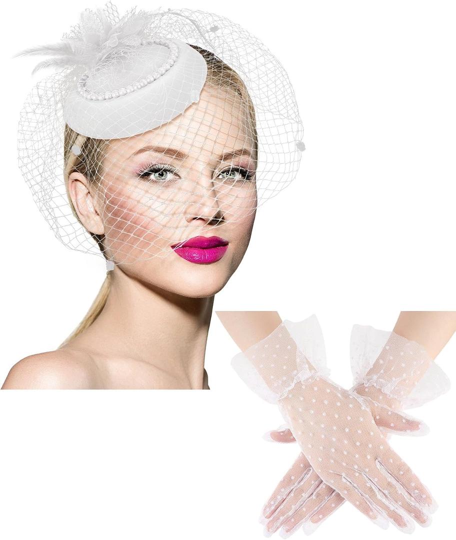 Geyoga 20s 50s Tea Party Hat Clip and Gloves Set Fascinator Hat for Women Funeral Pillbox Cocktail Clip with Veil