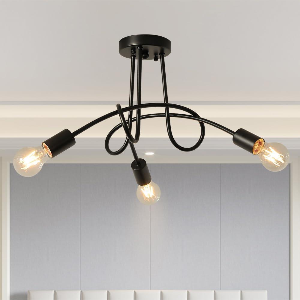 Modern Farmhouse Chandelier,22 Inch 3 Light Sputnik Semi Flush Mount Ceiling Light, Metal Black Rustic Light Fixture for Dining Room Bedroom Kitchen Hallway Entryway