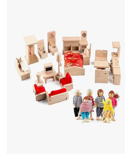 AVDAR Wooden Dollhouse Furniture and Accessories Set, 18 Pcs Miniature Doll House Furniture with Wood Dolls for Bedroom/Living Room/Dining Room Pretend Play Furniture Toys for Kids Boys Girls Age 3+