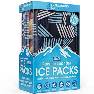 Everlasting Ice Reusable Ice Packs for Lunch Boxes & Coolers (4 Pack) Flexible, Long-Lasting, BPA Free, Versatile Lunch Box Ice Packs for Insulated Bags, Picnic, Travel, and More