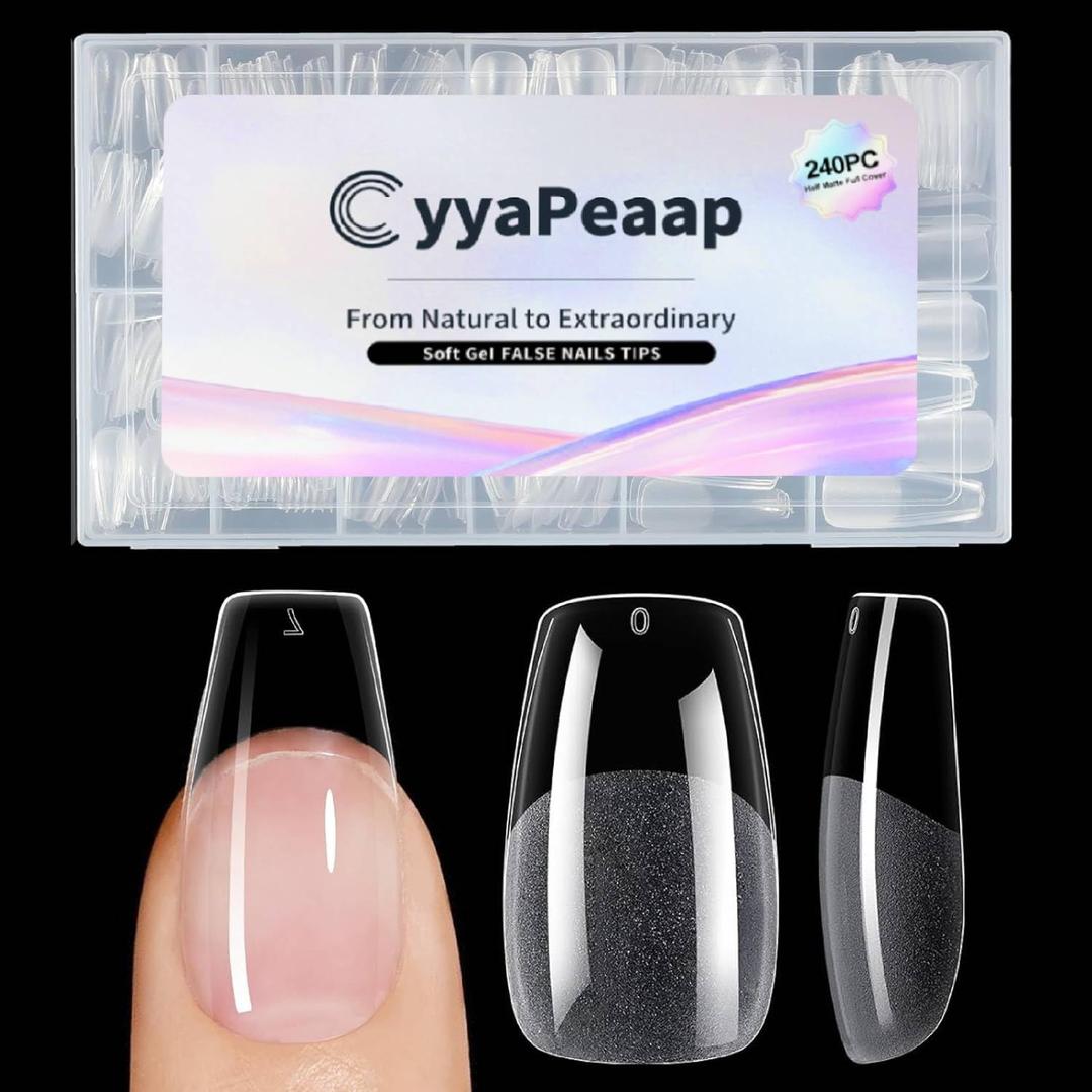 2 x Medium Long Coffin Nails Tips - 12 Sizes 240Pcs Pre-Shaped Soft Gel Half Matte Full Cover Press On False Nails Tips Clear Acrylic Fake Nail Extensions for Home DIY Manicure Salon