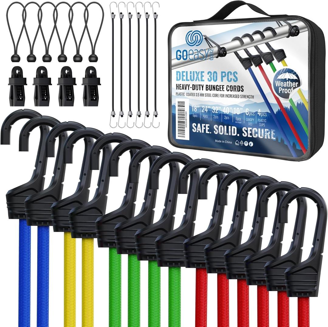 Bungee Cords Heavy Duty Outdoor - 30 PCS Bungee Cord with Hooks Assorted Sizes in Carry Bag, 10", 18", 24", 32", 40" Bungee Cords with Hooks & 8" Canopy, Bungee Balls, Tarp Clips