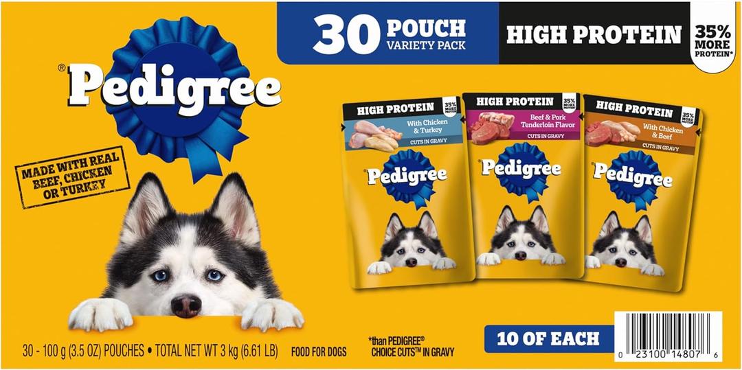 Pedigree High Protein Dog Food, Adult Wet Dog Food Pouches, Variety Pack, 3.5 oz. Pouches, 30 Count, BB: 02/19/2027