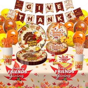 Thanksgiving Party Supplies 212 PCS Disposable Plates Tablecloth Napkins Cups Banner Balloons Thanksgiving Party Decorations Fall Party Supplies Dinnerware Set Serves 24 Friendsgiving (Autumn Harvest)