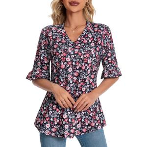 3/4 Length Sleeve Women's Tops Summer V-Neck Blouses, XXL