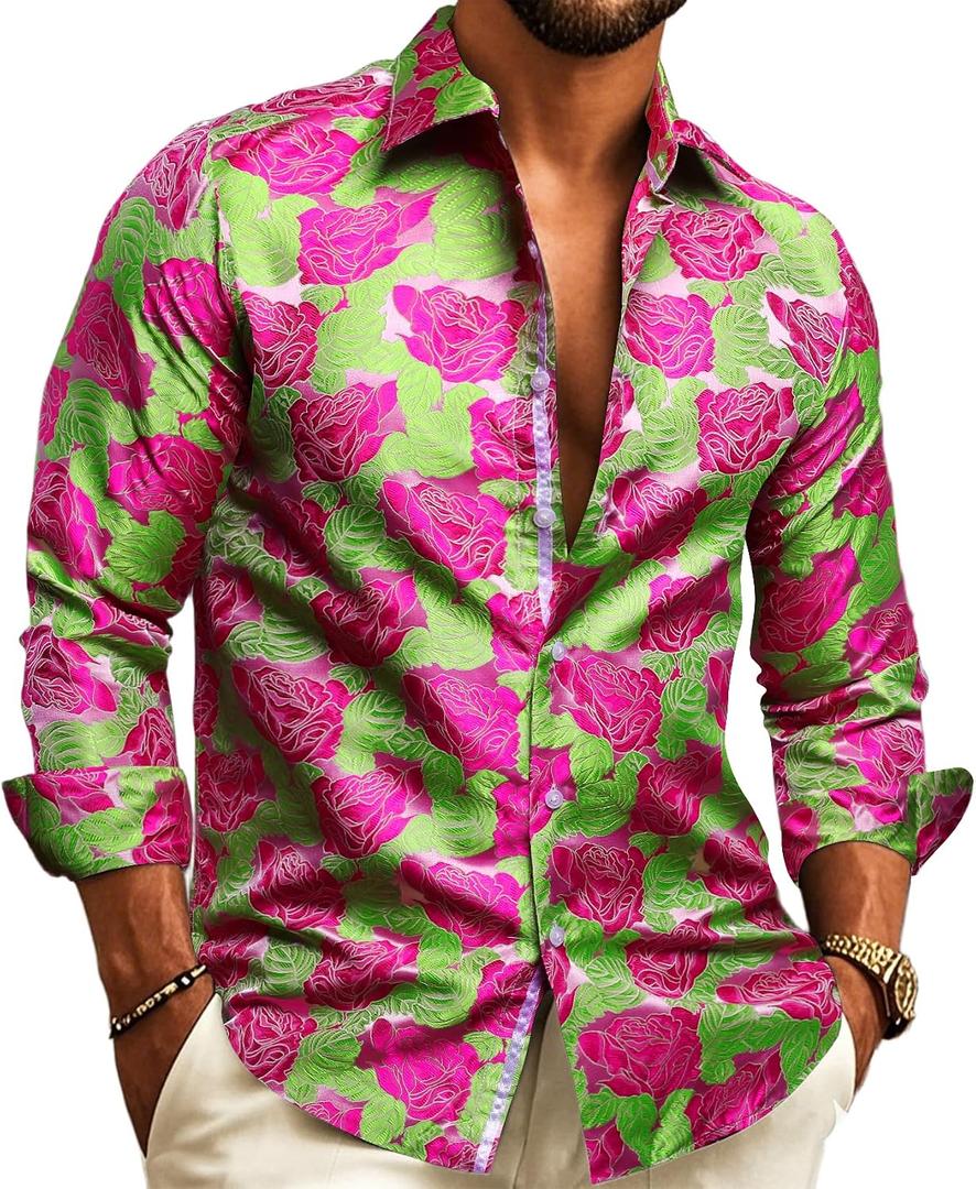 Barry.Wang Pink Mens Silk Shirt Floral Paisley Shirts for Men Victorian Gothic Designer Disco Western Casual Mexico Cowboy (S)