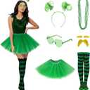 7Pcs 80s Retro Leprechaun Costume Accessories St. Patrick's Day Outfit Women Dress Pom Pom Headband Glasses Socks Adult (Green)
