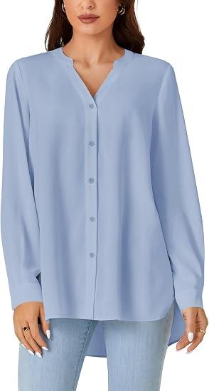 KIFOVEN Women's Long Sleeve Dressy Blouse V Neck Button Down Work Shirt Top Light Blue X-Small