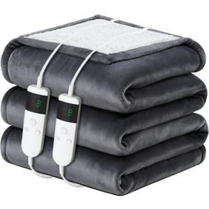 Electric Heated Blanket King Size 90''x100'' Soft Flannel & Sherpa Electric Blanket with 10 Heating Levels, Automatically Shut Down After 8h with Overheat Protection Machine Washable (Dark Grey)