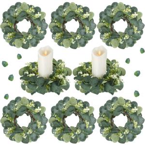 Waydress 8 Pcs Candle Rings Artificial Eucalyptus Leaves Candle Wreaths 10 Inch Boho Greenery Wreaths Rings for Pillars Candleholders for Wedding Party Home Table Door (Vivid Style)