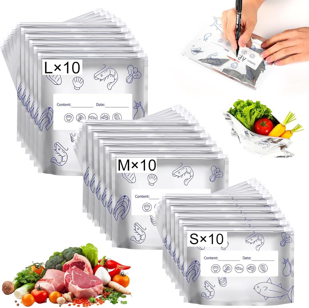 Reusable Aluminum Foil Sealable Storage Bags, Thicken Stand Up Foil Sealable Bags with Label and Zip Lock,Aluminum Foil Bags Food Storage for Vegetables Fruits Meat Seafood & Meal Prep(30Pcs/3 Sizes)