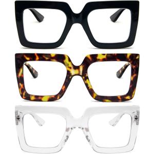 REAVEE 3 Pack Oversized Reading Glasses for Women Large Frame Extra Wide, Blue Light Blocking Readers Stylish Square Thick Eyewear, Black Leopard Clear,  +2.25