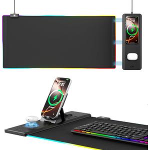KDD RGB Mouse Pad with Wireless Charging - Desk Mat with Phone Holder and 15W Fast Charger - Gaming Mousepad with Ultra-Smooth Surface, Non-Slip Base - Keyboard Mat for Home Office Gamer Accessories
