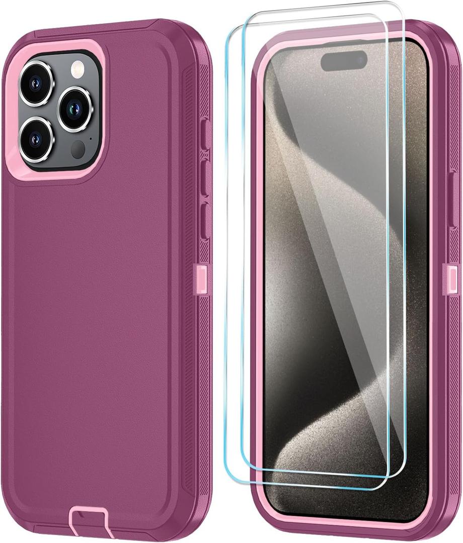 Phone Case for iPhone 15 Pro Max Case with HD Screen Protector, Heavy Duty Shockproof & DustProof & Dropproof 3-Layer Cover Phone Case for iPhone 15 Pro Max (6.7'') (WineRedPink)