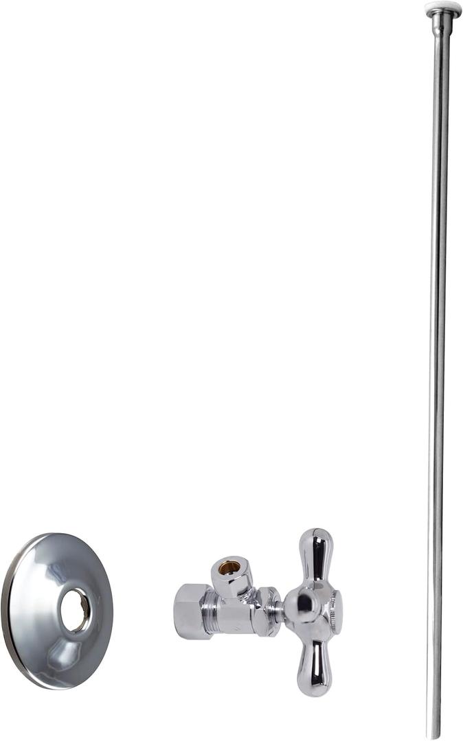 Westbrass D105KFHX-26 5/8" x 3/8" OD x 20" Flat Head Riser Supply Line Kit with Cross Handle Angle Supply Shut Off Valve for Toilet, Polished Chrome