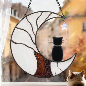 Black Cat Memorial Gifts for Loss of Cat, Stained Glass Cat Suncatcher for Window Hanging, Stained Glass Pet Memorial Gifts for Cats, Moon Tree of Loss of Cat Sympathy Gift for Women