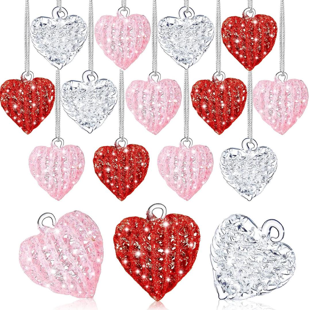 BBTO 21 Pieces Heart Shape Valentines Day Glass Ornaments Set Crystal Heart Shape Spun Hanging Ornament Gift for Valentine's Day Holiday Wedding Anniversary Decoration(Clear, Red, Pink)