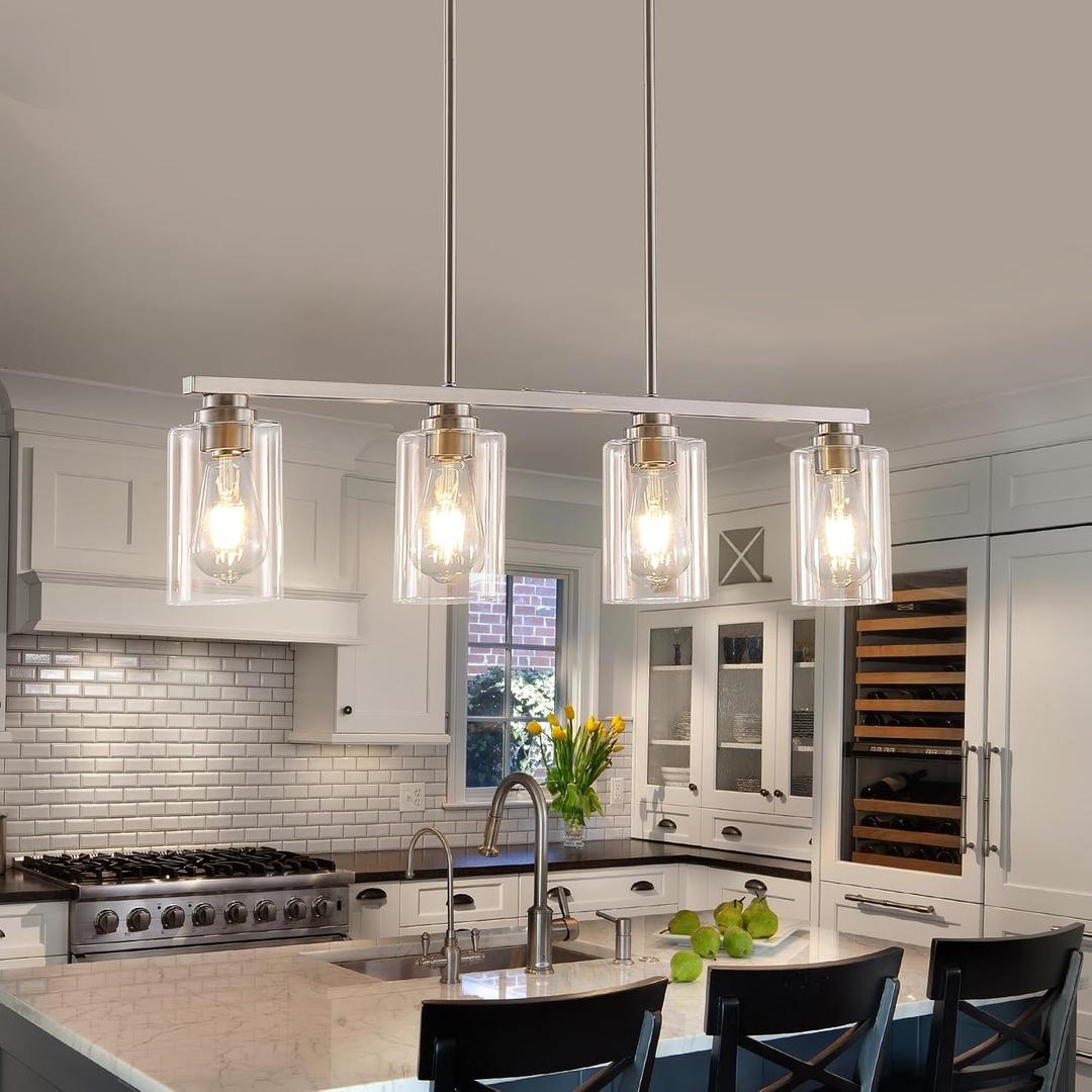 Mecgirn Island Light for Kitchen, Brushed Nickel Dining Room Light Fixture Over Table, 4-Light Linear Chandelier Pendant Lighting for Dining Table Kitchen Island Living Room, 4 Light + Clear Glass