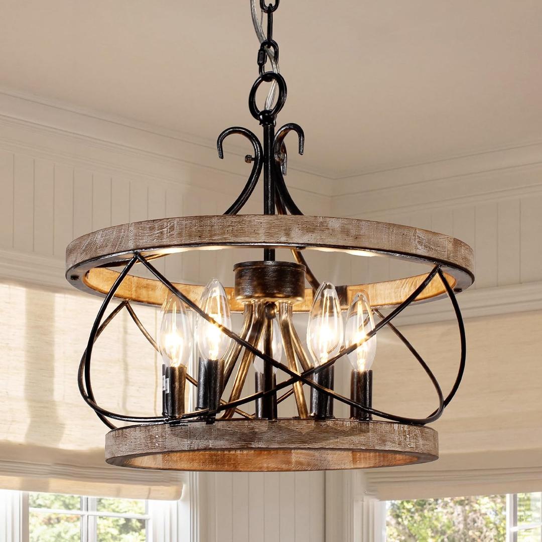 20" Farmhouse Chandelier, 5-Light French Country Drum Chandelier Over Table, Wood Chandelier for Kitchen Island Dining Room Entryway