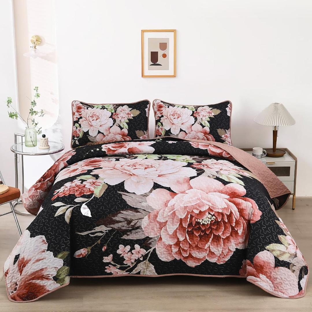WONGS BEDDING Black Quilt Set Queen,3 Pieces Pink Floral Bedspreads Lightweight Botanical Coverlet Set for All Seasons, Reversible Quilted Printed Bedding Set with 2 Pillow Shams (Queen 90"96")