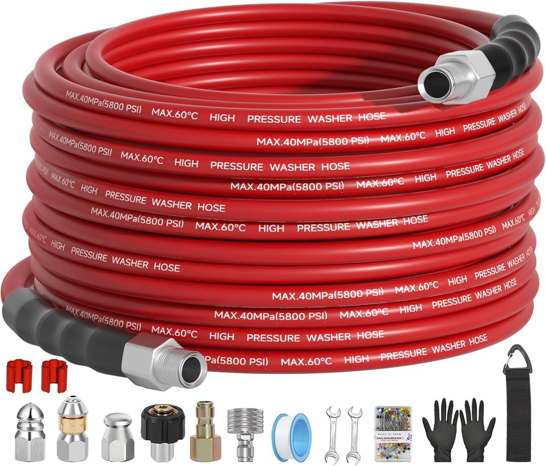 50FT Sewer Jetter Kit for Pressure Washer 5800PSI,1/4" NPT Drain Jetter Hose with 1/4" Quick Plug3 Sewer Jet NozzlesSpanners Teflon Tape Gloves and Spray Nozzle for Cleaning