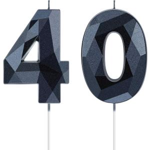 Nuanchu 40th Birthday Candles, Number 40 Happy Birthday Cake Topper 3D Diamond Shape Numeral Sparkler Candles for Men Women Party Wedding Decoration Theme Party (Black)