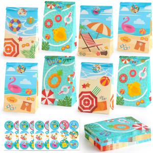 HEJIN 30 PCS Pool Party Favor Bags with 36 Stickers, Summer Gift Bags Pool Party Decorations Supplies for Kids, Mermaid Goodie Bags Beach Gifts for Birthday, Baby Showers, Wedding